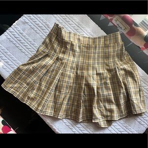 Tan, Blue & White Plaid Stretchy Mini Skirt.